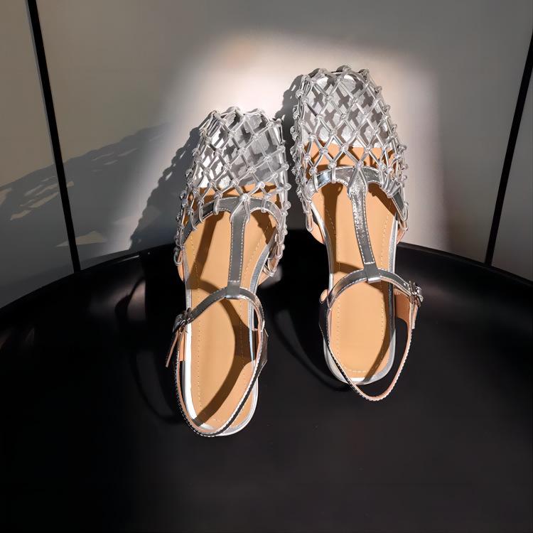 

Retro gold hollow mesh silver beautiful bag head sandals women s summer design sense empty shoes 40 серебряный