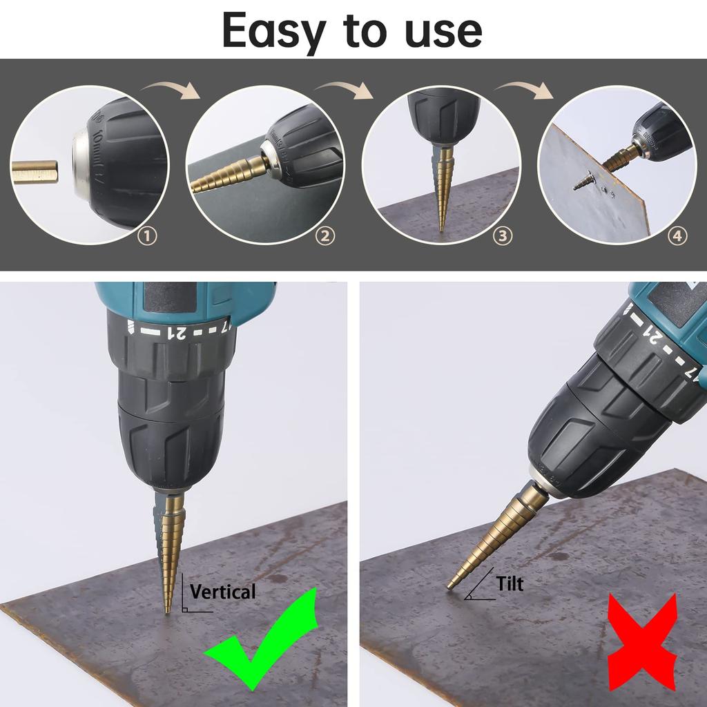 Step Drill Bits 5PCS HSS Titanium Step Drill Bit Set Covering 50 Sizes High Speed Steel Step Bits for Metal DIY Lovers