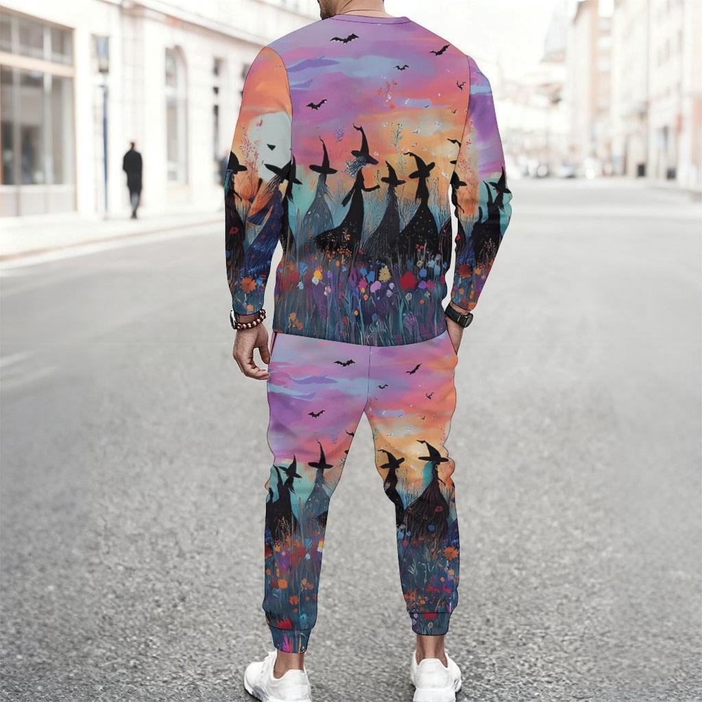 Men Black Background Purple Rose Skull Blue Butterfly Print Long Sleeve Sweatshirt Jogger Pants Two Piece Suit