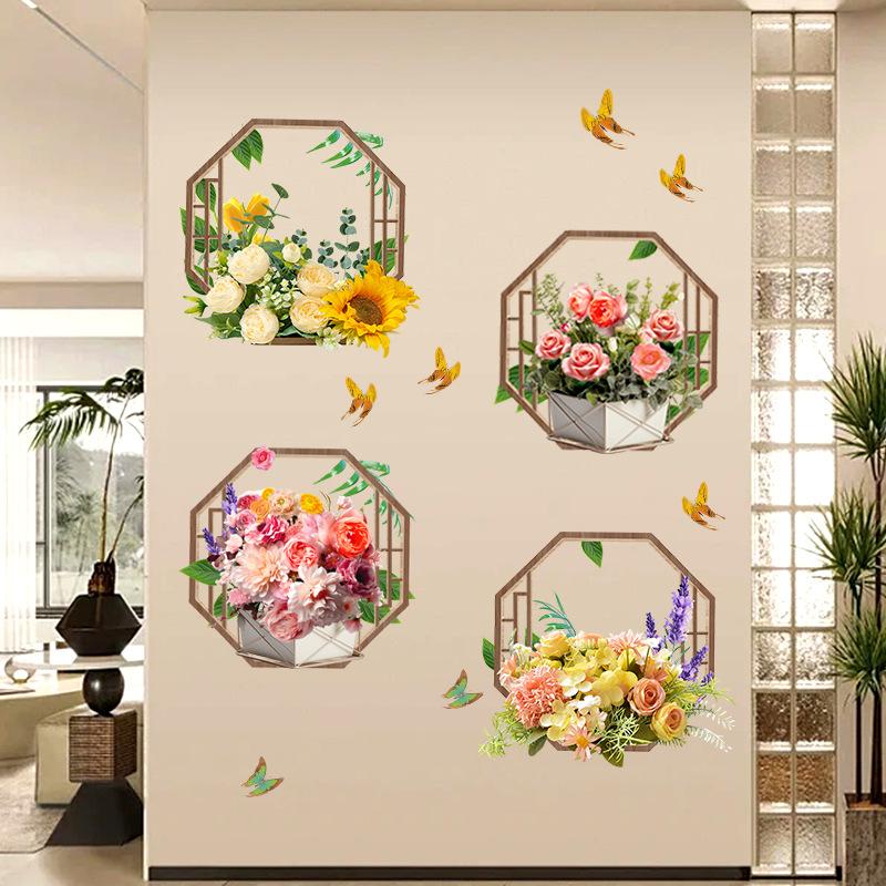 Sticker Mural Autocollant Imperméable Amovible avec Fleurs Simulées et Plantes Vertes pour Décoration Intérieure de Salon et Chambre