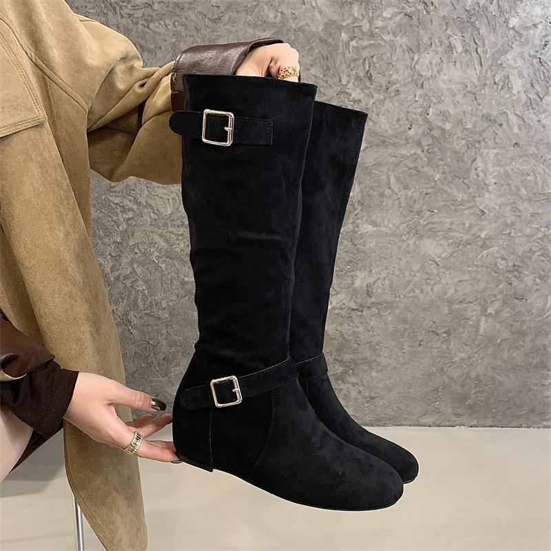 Mi Tingnei Height-increasing Pile Boots Women's Retro Western Belt Buckle High Boots Korean Versatile Flat Bottom Wide Boots