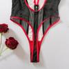 Sexy Sheer Mesh Spliced Pu Leather Slim Rivet Shaping Bodysuit For Women
