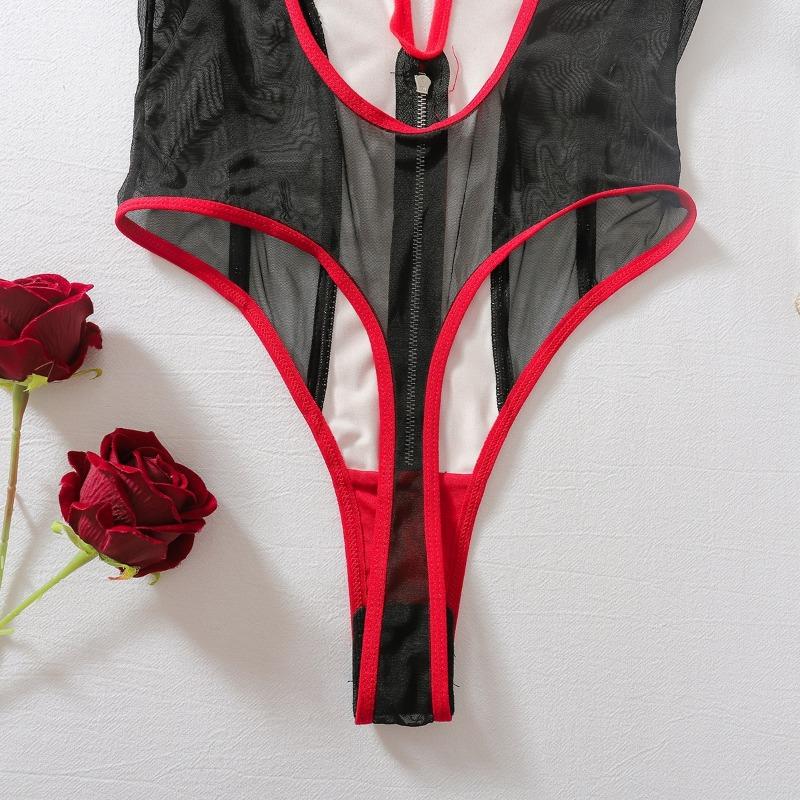 Sexy Sheer Mesh Spliced Pu Leather Slim Rivet Shaping Bodysuit For Women