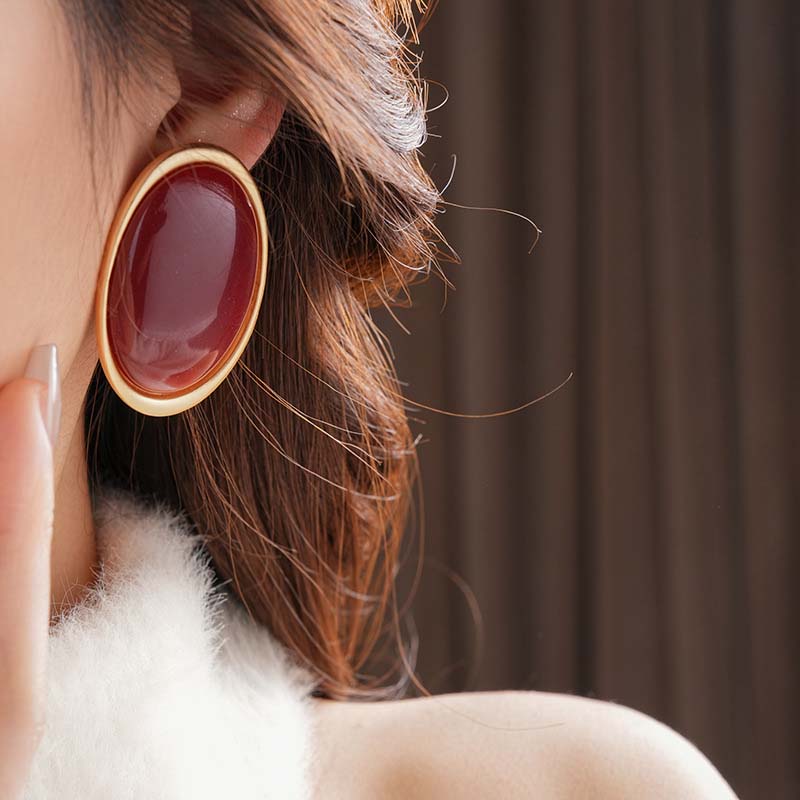Vintage Red Resin Stud Earrings for Women Luxury Geometric Gold Color Large Oval Earrings Party Wedding Ear Jewelry Wholesale
