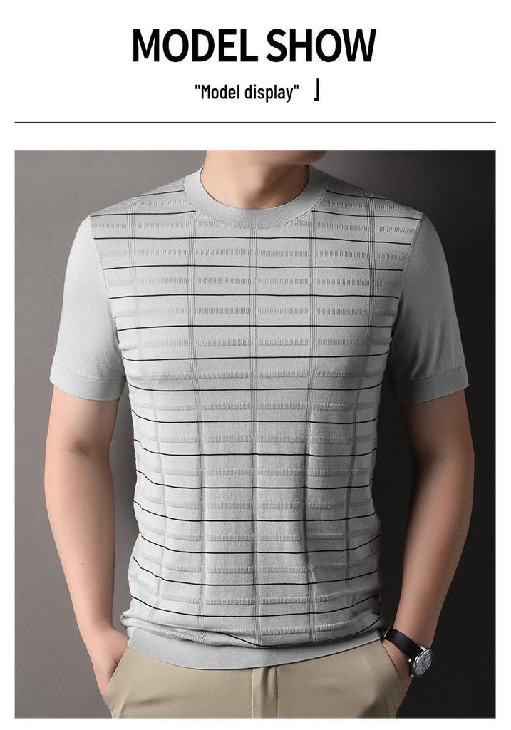 Men's Striped Round Neck Tencel Cotton Silk Short Sleeve T-shirt