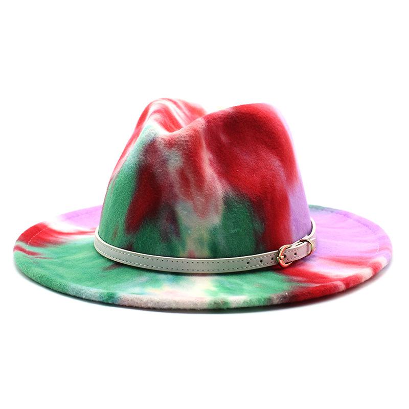 Ji British Style Tie-Dye Rainbow Woolen Jazz Top Hat Men And Women Big Eaves Hat Flat Edge Hat