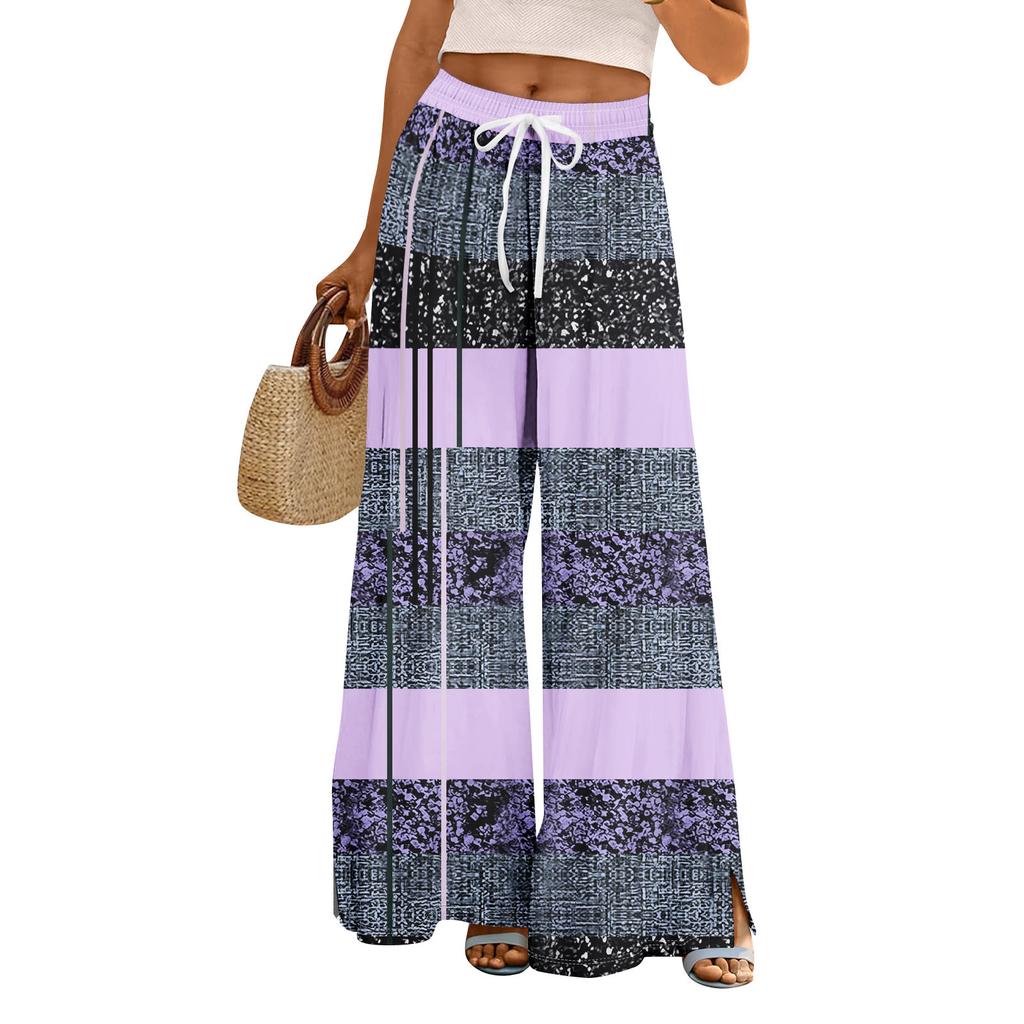 Women Summer Boho Palazzo Pants High Waist Wide Leg Floral Printing Casual Trousers With Pockets
