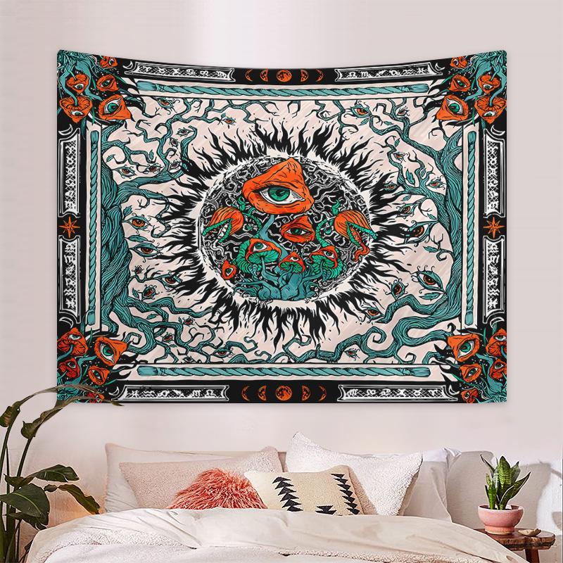 1pc Bohemian Burning Sun Mushroom Octopus Tapestry, Psychedelic Eye Marine Creature Tapestry
