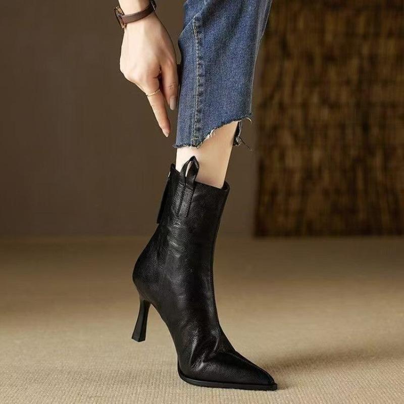 New Style Fashion Women's High Heel Short Leather Boots Female Pointed Thin Heel Boots Ladies Ankle Short Boots  Mujer