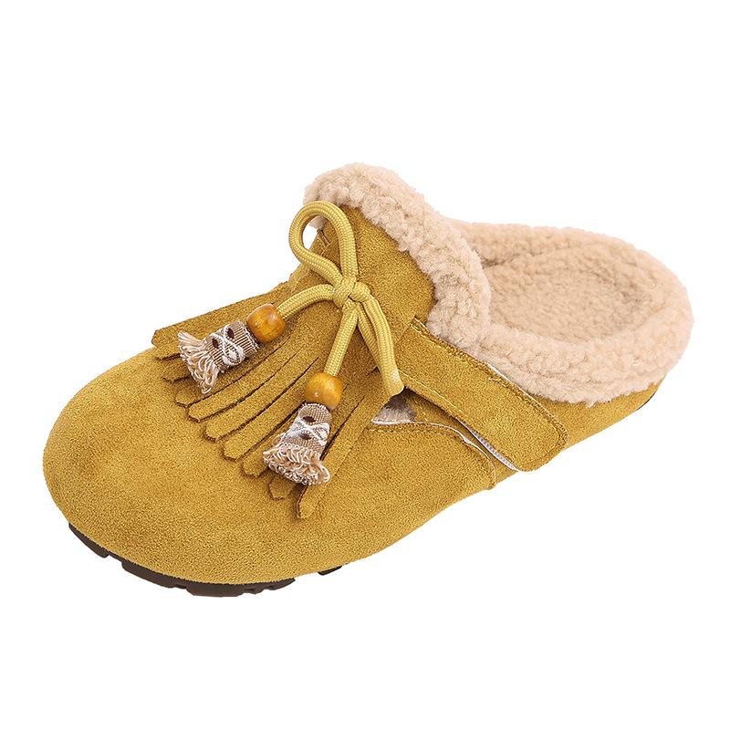 2025 Autumn and Winter New Retro Mori Plush Cotton Shoes Bag Head Half Drag Muller Shoes Fringed Warm Fluffy Shoes Women