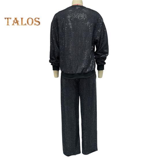2 Pcs/Set Women Top Pants Suit Sequin Round Neck Long Sleeves with Elastic Cuffs Elastic High Waist Wide Leg Trousers Set Daily Casual Commuting