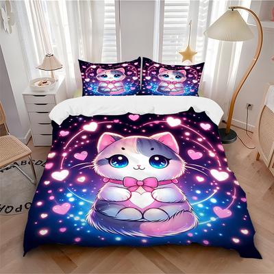 3pcs Sweet Love Cat Design Pattern Bedding Three-Piece Set (1 Cover + 2 Pillowcases, No Fillings), This Printed Bedding Set Is Soft and Comf