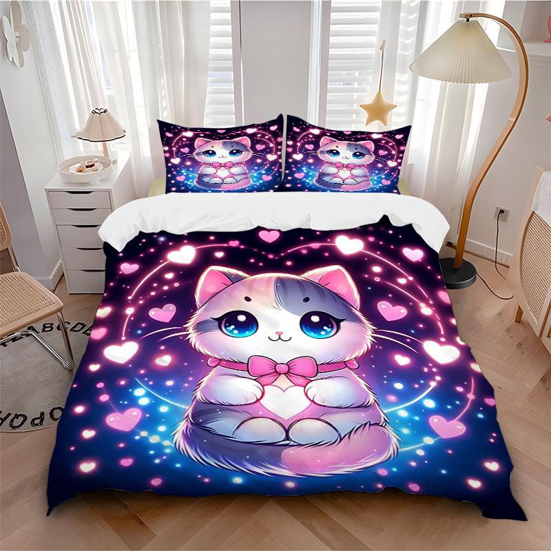 3pcs Sweet Love Cat Design Pattern Bedding Three-Piece Set (1 Cover + 2 Pillowcases, No Fillings), This Printed Bedding Set Is Soft and Comfortab