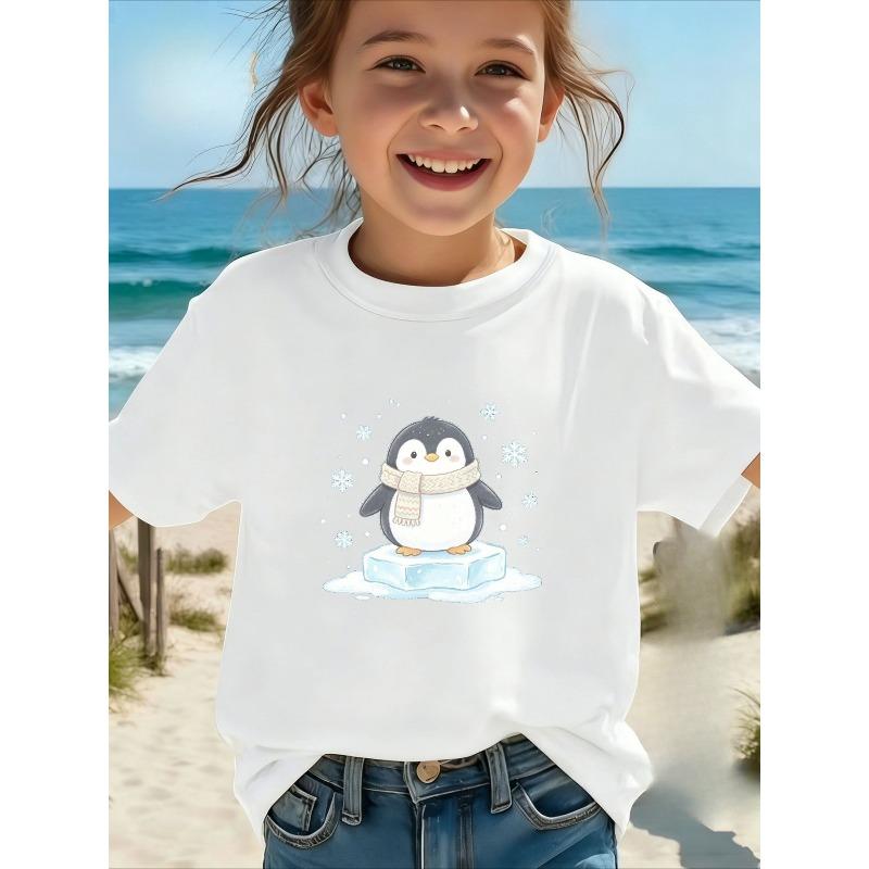 Girls Crew Neck Short Sleeve T-Shirt with Cartoon Iceberg and Penguin Print