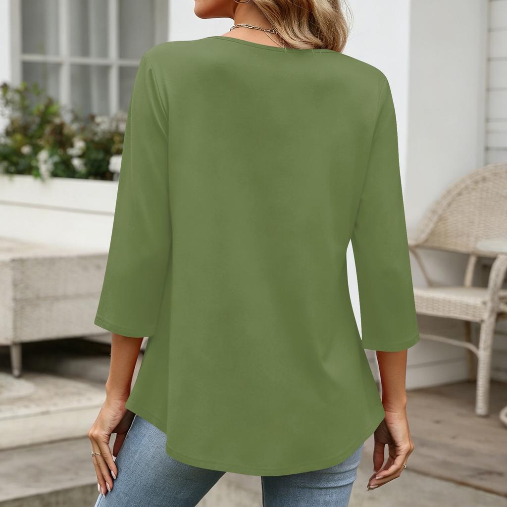 Womens 3/4 Sleeve V Neck Button Detail Solid Color Tunic Top Casual Loose Fit Blouse with Pockets