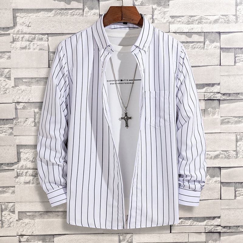 Spring and Autumn Vertical Striped Printed Shirt Men's Middle-aged and Young Comfortable Pocket Long-sleeved Shirt Men