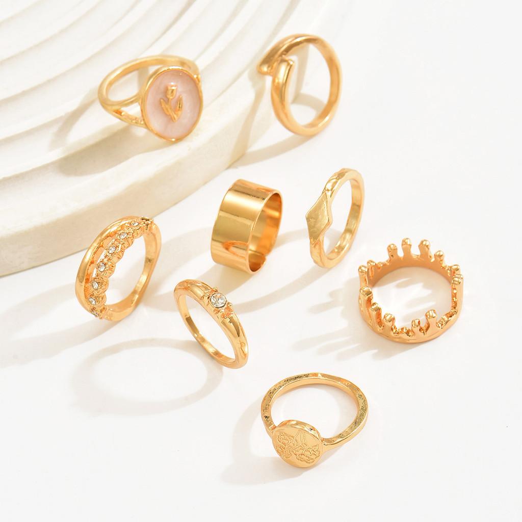 Geometrische Zinklegering Ringenset Met Bloemenpatroon Voor Stijlvolle Vrouwen