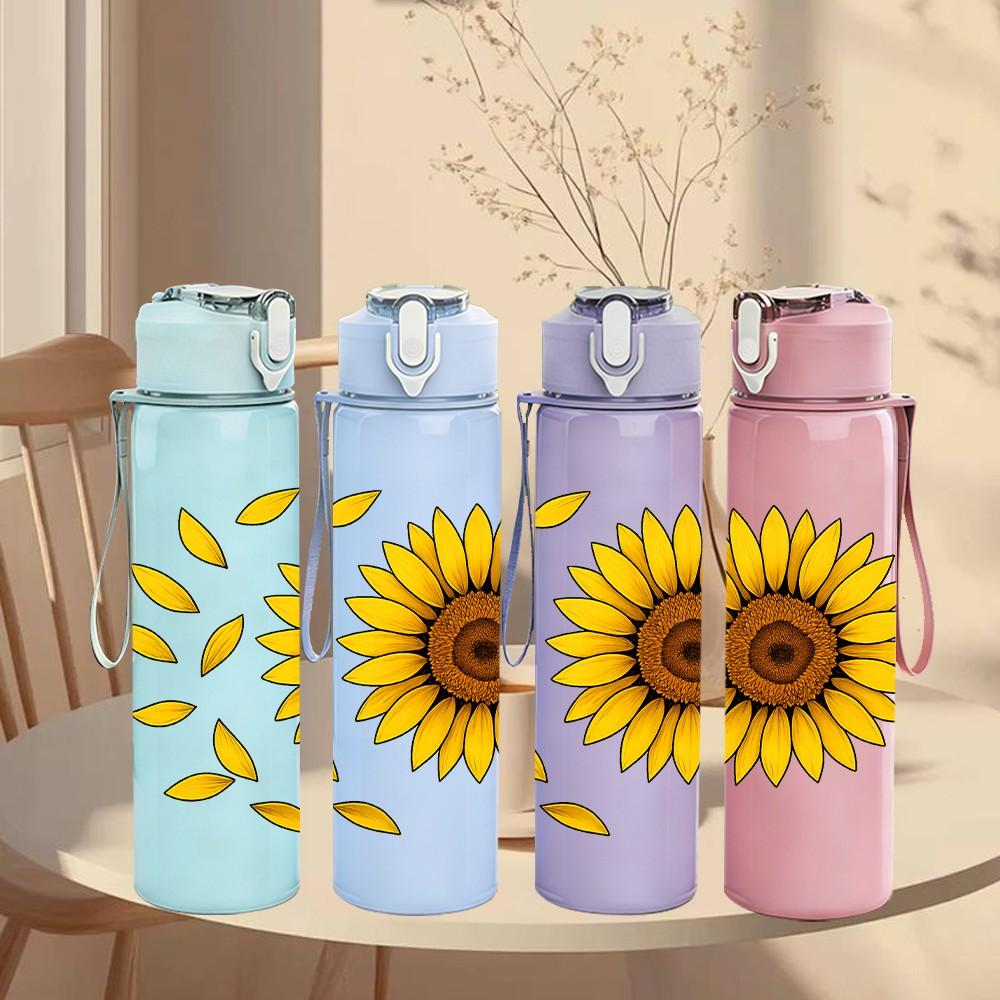 1PC Single Sunflower Yellow Petal Print 750ml Color Plastic Sports Water Bottle Leakproof Flip Straw Lid Suitable for Sports Office Home Use