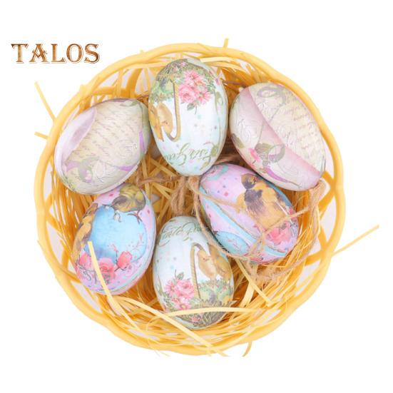 6 szt. symulowanych jajek wielkanocnych, malowane jajka z wiszącą liną, sztuczne ozdoby w postaci jajek wielkanocnych z koszykiem na wiosenne święta, akcesoria na przyjęcia