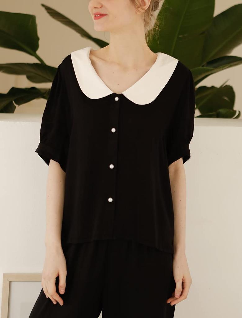 Euyqs Rayon Satin Pajama Short Sleeve Top and Pants Women's Set, (JP, Alphabet, M, Black)