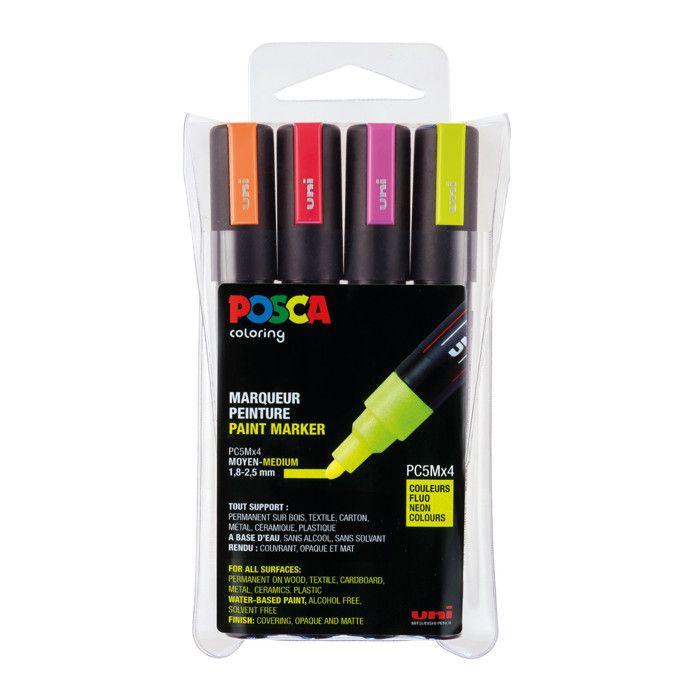 Marqueurs - POSCA - PC5M - Set de 4 - Pointe conique moyenne - Couleurs fluo variées - Opaque