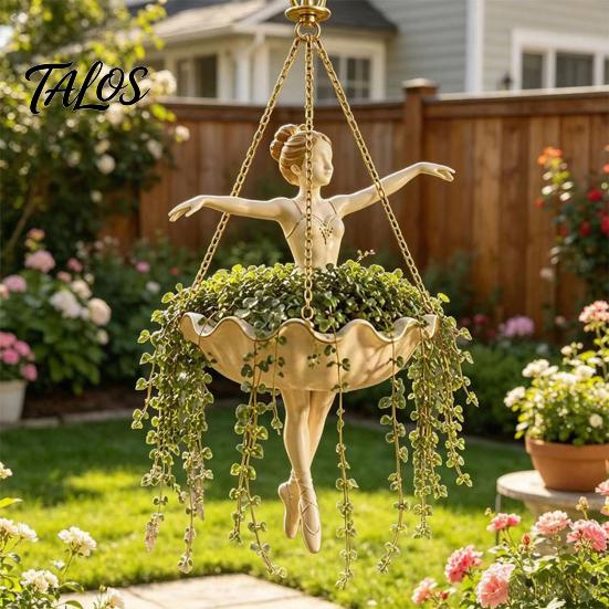 Whimsical Mermaid Plant Holder Fairy Ballet Dancer Hanging Planter, Resin Decorative Flower Pot with Metal Chain, Small Pothos Container Outdoor