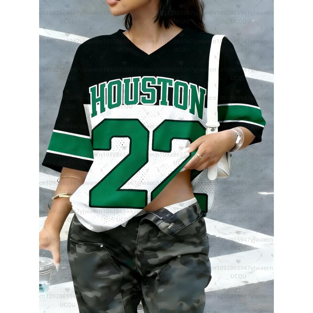 Women's NO.22 Houston Print V-Neck Short Sleeve T-Shirt Summer Graphic Tee Hole Mesh Jerseys Plus Size Sport T-Shirt