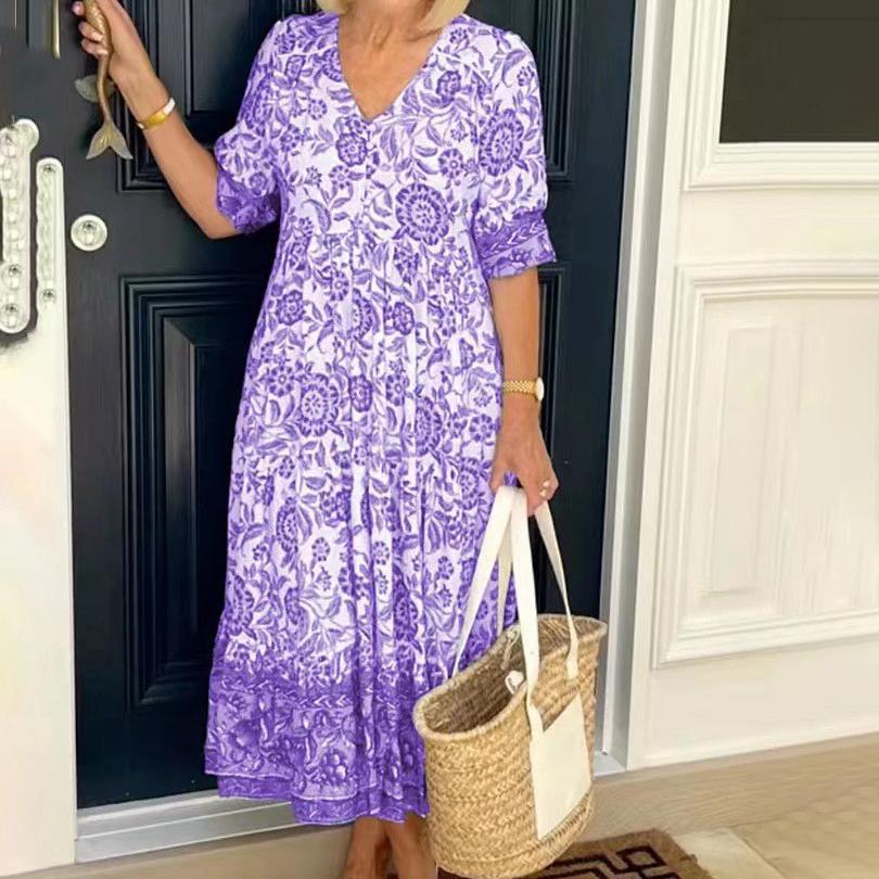 Boho Print Dress Women Summer Long Dress Female Fashion V Neck Half Sleeve Dress Ladies Loose Oversized Beach Party Dress