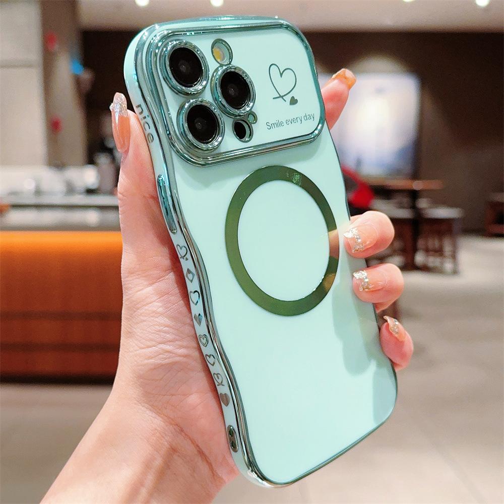 Electroplated side heart-shaped large window, iPhone 17 phone case, magnetic wave pattern, iPhone 16 Pro Max soft case 15