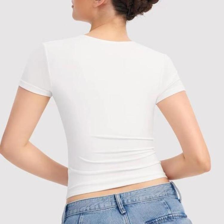Summer Women T Shirt Streetwear Short Sleeve Square Collar Slim Fit Solid Color Pullover Top