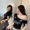 Fake two-piece slanted shoulder short-sleeved t-shirt summer American Spice Girls sexy design short unique and beautiful top
