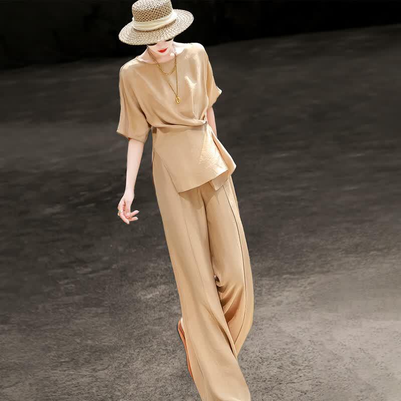 Women's Luxury Acetate Slit Top & Wide-Leg Pants Set