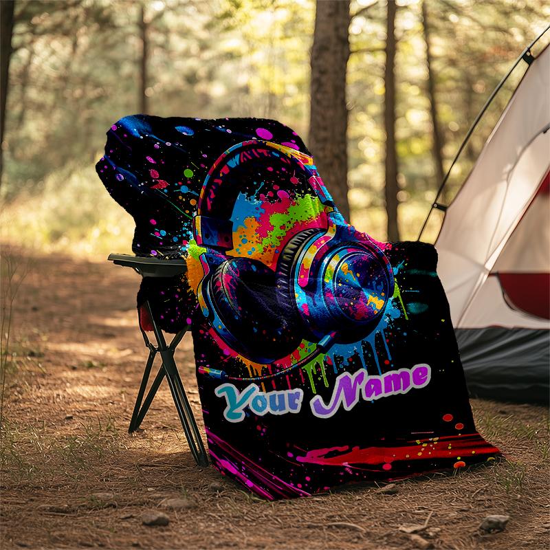 1PC Custom Name Music Headphones Artwork outdooor Flannel blankets Patterns Throw Blanket All-Season Soft Gift for Couch, Bed, Camping gifts