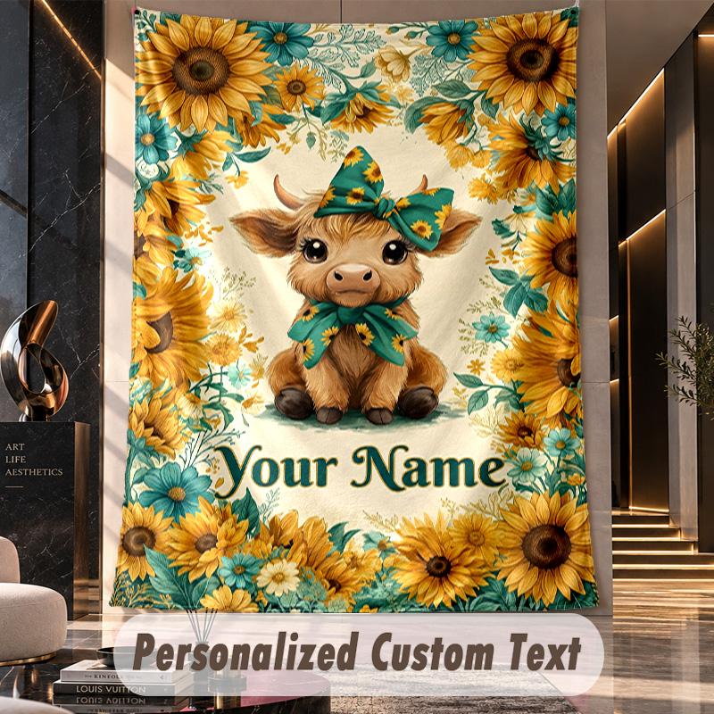 Sunflower Cow Garden 1 Theme Wall Tapestry Customized With Name Text Personalized Hanging Tapestry For Bedroom Living Room Decor
