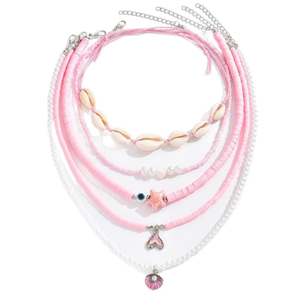 Pink shell necklace, European and American seaside vacation style fashion beaded starfish pearl multi-layer stacked necklace women