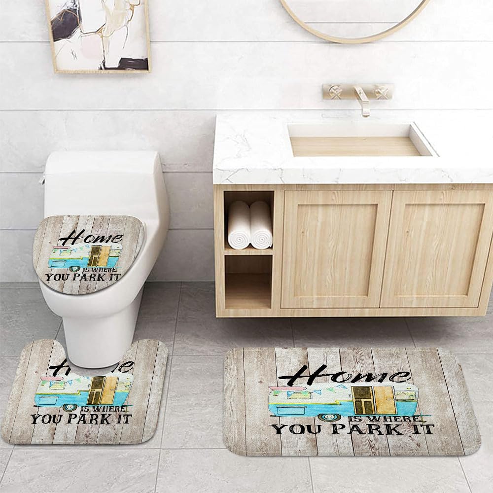 

JAWO RV Bath Mat Set 3 Piece, Farmhouse Camper RV Travel Trailers Tree Grey and Blue Bathroom Mat Set with 17X29 Non-Slip Bath Rug, Happy Camper Soft