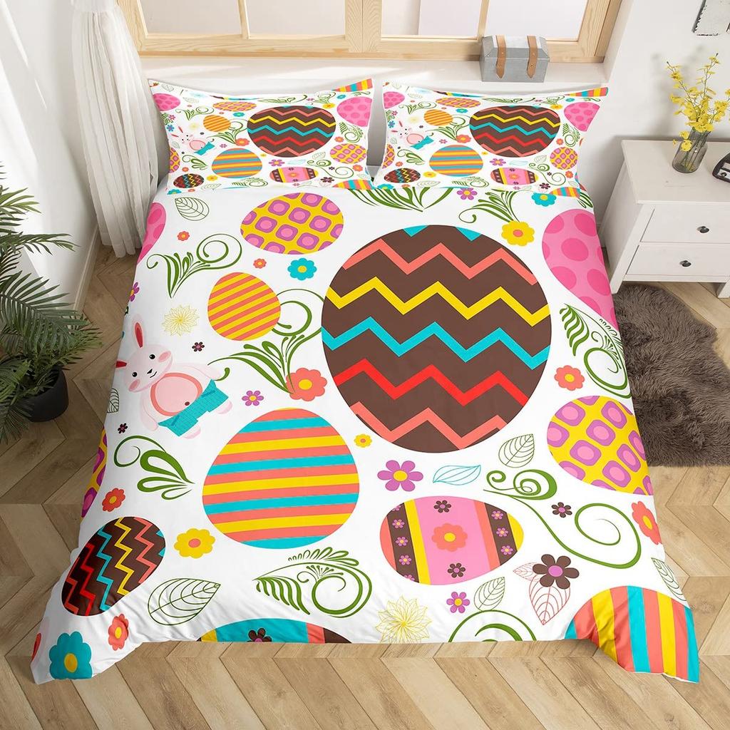 Watercolor Easter Eggs King Queen Bedding Set Happy Easter Themed Duvet Cover Toddlers Rainbow Easter Egg Polyester Quilt Cover