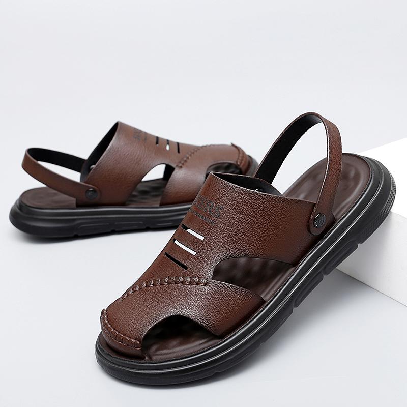New Summer Men Sandals Soft Leather Beach Shoes Breathable Leisure Flats Hot Sale Man Sandals Fashion Mens Slippers Dual-Purpose