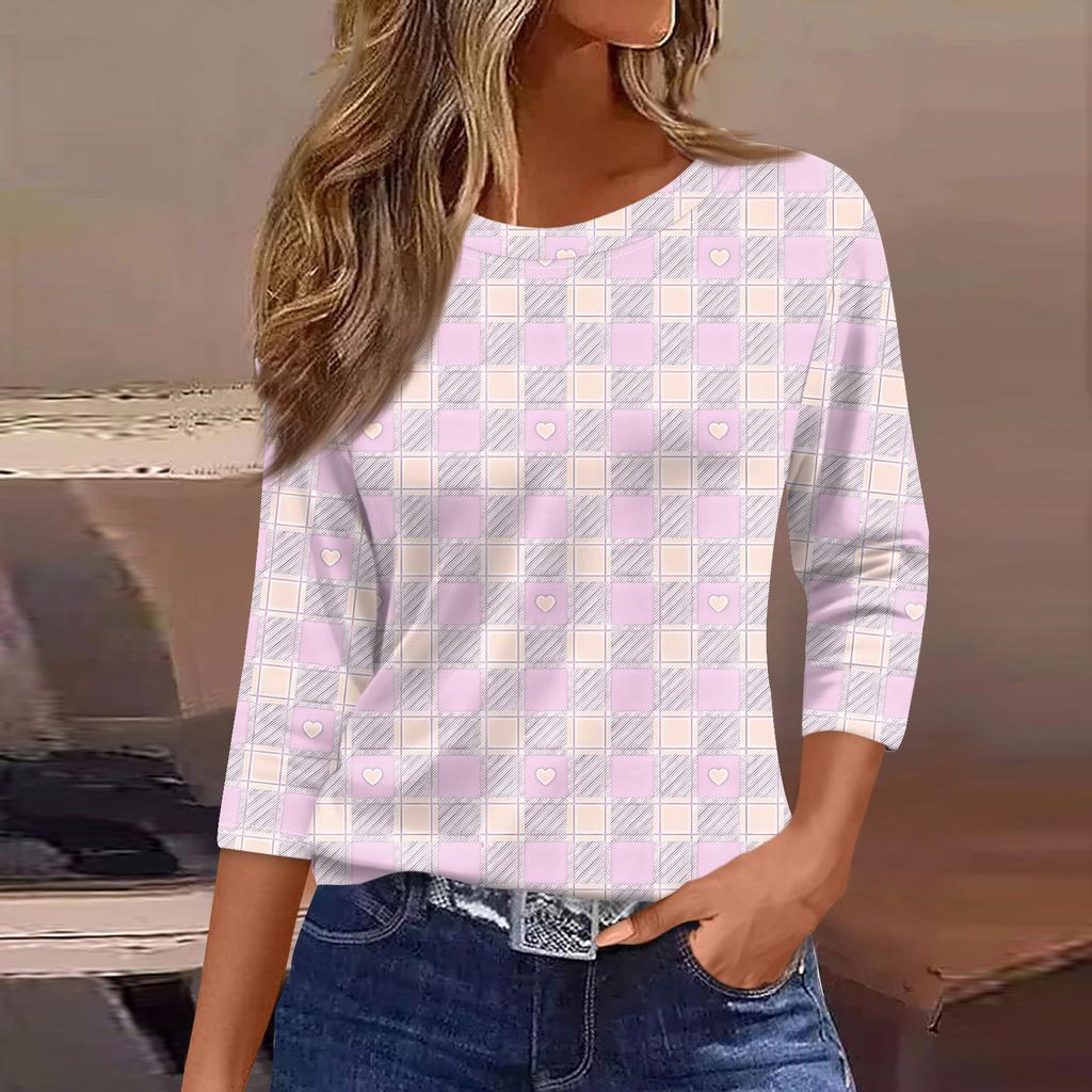 Women's Fashionable Casual Three Quarter Sleeve Printed Round Neck Top