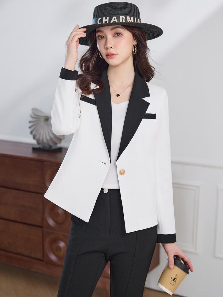 Women’s White Color Block Short Suit Jacket - Fashionable Petite Spring/Autumn Top