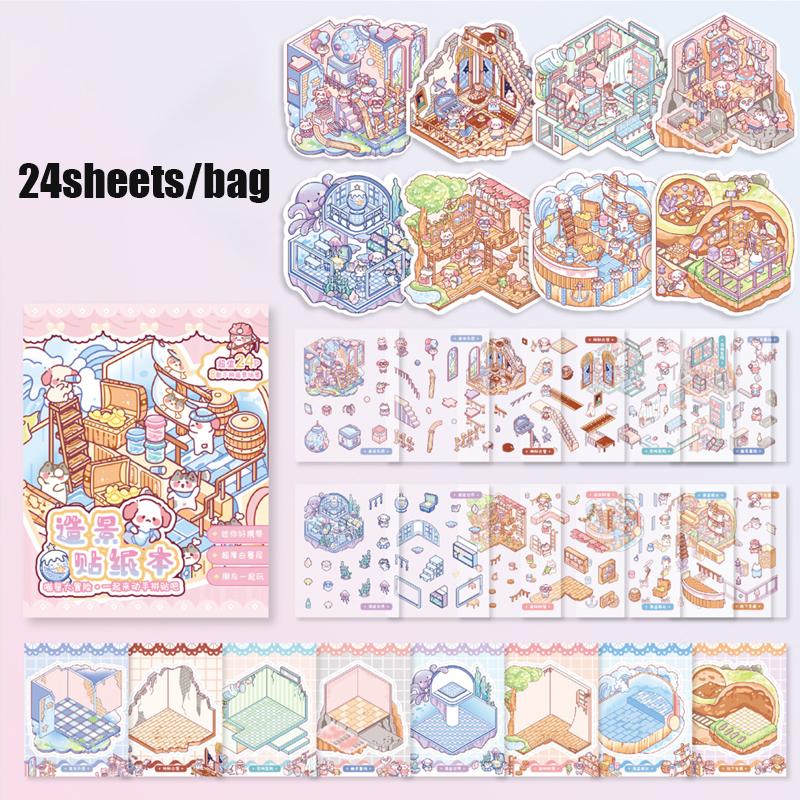 24Pcs/Bag Zoo Small Class Meow Wow Wonderland Series Scenery Sticker Book Three-Dimensional Scene Miniature Sticker Handbook Diy