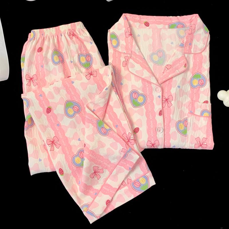 Pink Cloud Striped Long-Sleeve Pajamas: Cozy Cotton Set for Spring and Autumn.