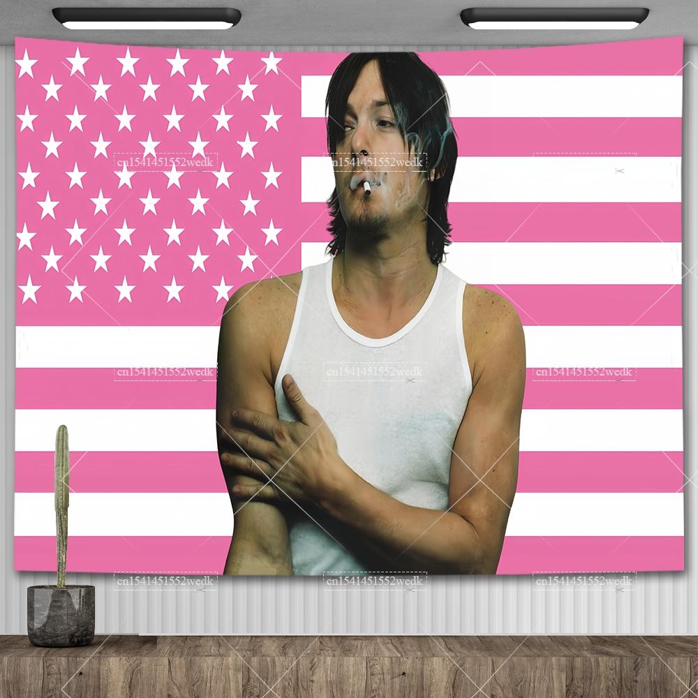 Norman Reedus Pink American Flag Tapestry Aesthetics RReedus Tapestry Wall Hanging College Dorm Room Decor Flags Banners