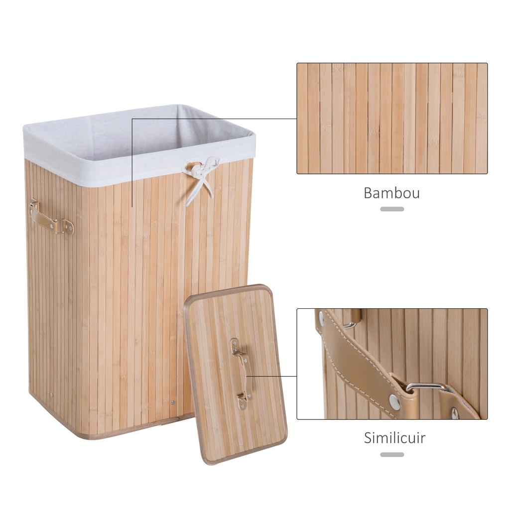Bamboo Laundry Basket Hamper, Foldable, Lid, Removable Bag, 3 Handles, 40 X 30 X 60 Cm, Beige