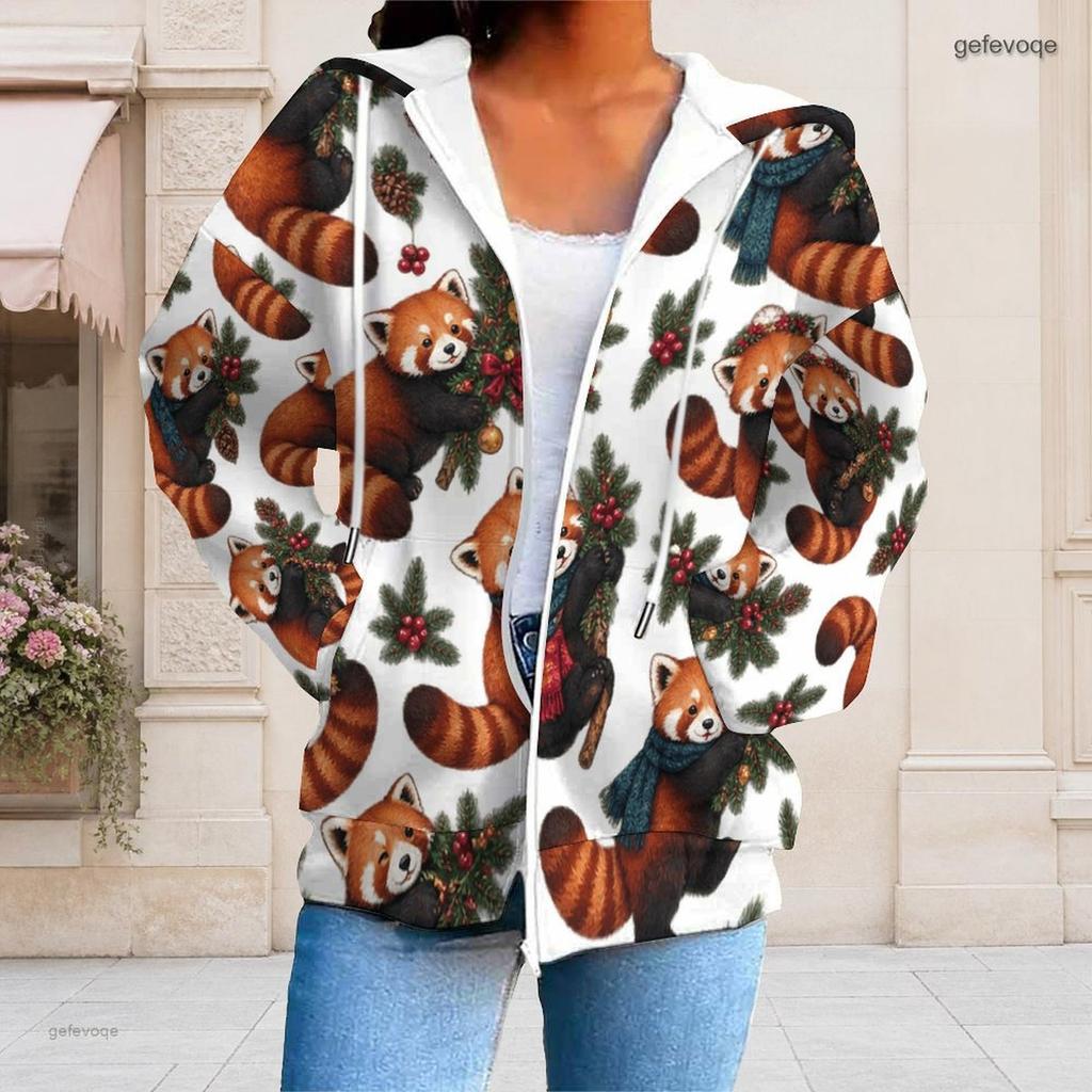 Women Plus Size White Zip Up Long Sleeve Christmas Dachshund Printed Hoodie With Pockets
