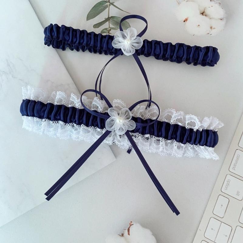 2 Stück Elegantes Spitze Braut-Strumpfband-Set mit Perlen, Blume und Schleifen für Hochzeiten, Verlobungsfeiern und Junggesellinnenabschiede