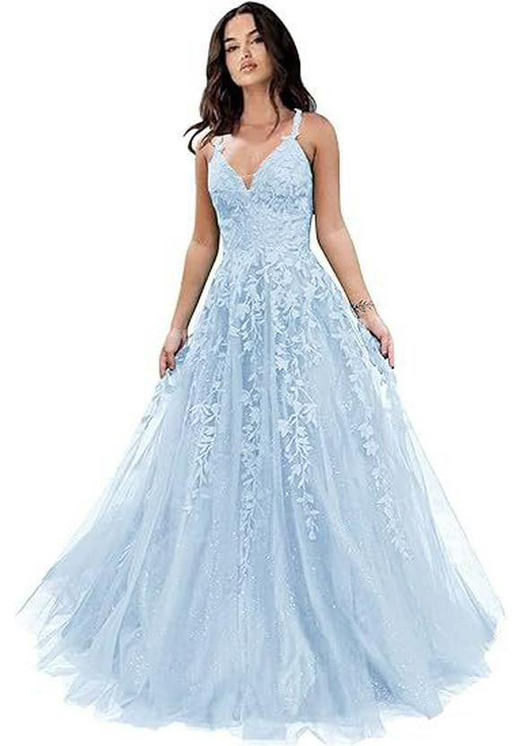 Elegante Abito da Sera in Rete Ricamata con Paillettes e Scollo a V Profondo