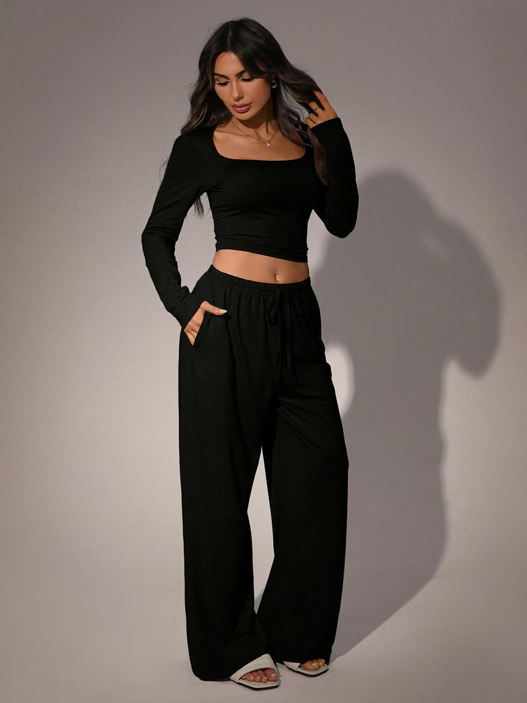 Autumn Casual Long Pants Set Square Neck Long Sleeve Short Top Women Sportswear