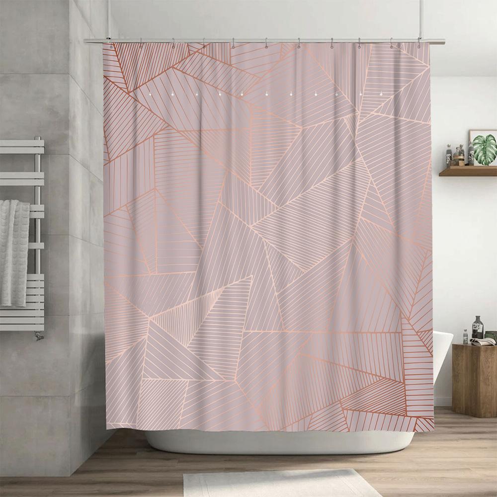 Modern Geometric Shower Curtain With Rustic Pink Light Gray Stripes Decorative Bathtub Liner For Bathroom Made In China (Length: