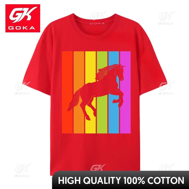 Cute Rainbow Horse Jumping Equestrian Image Casual Europe Tops Shirt Latest Cotton Tops Shirts Unisexs Unisex Tshirt Printed On